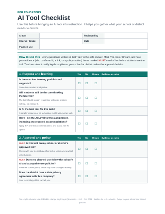 Preview of the AI Tool Checklist